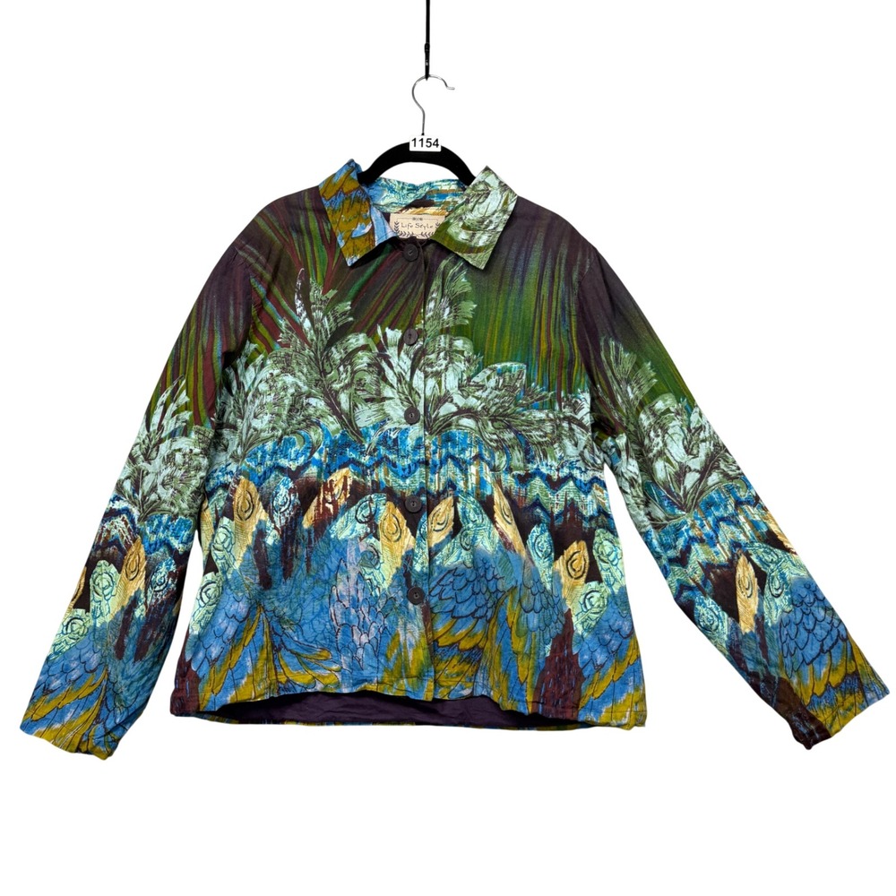Life Style Button Up Jacket Womens XL Blue Tropical Bird Cotton Art To Wear